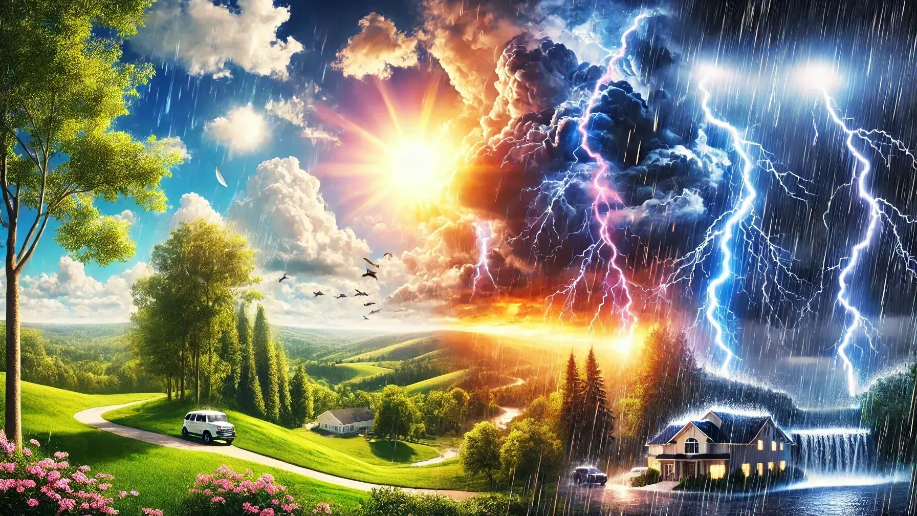 There is a car driving down a road in the middle of a landscape with lightning.