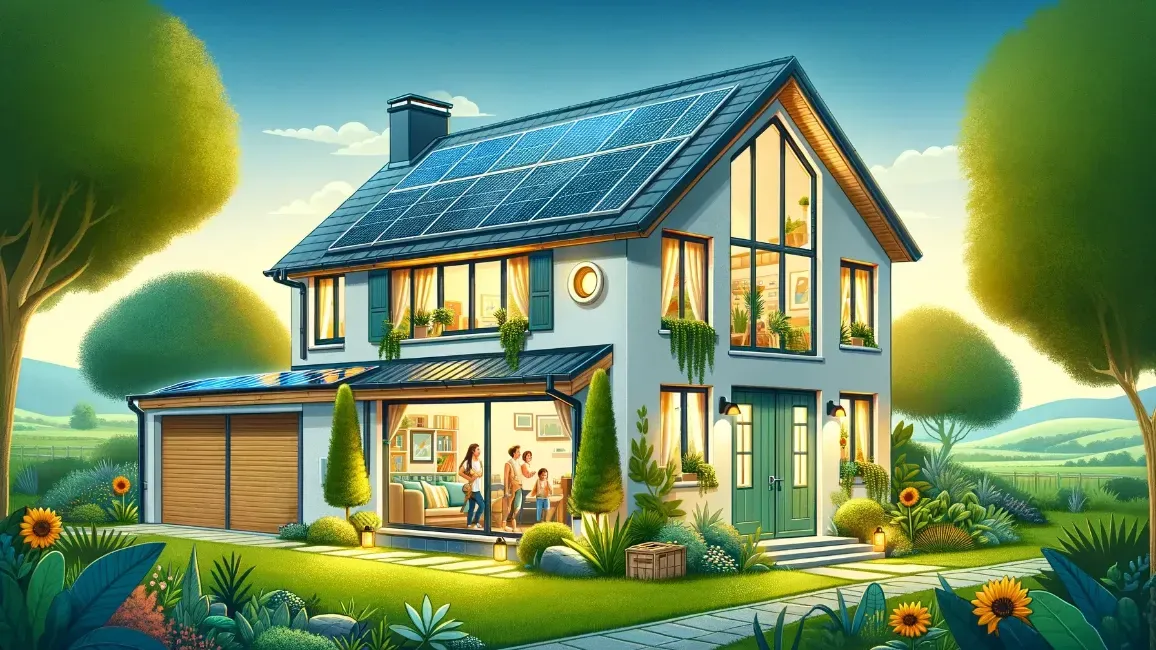 A cartoon illustration of a house with solar panels on the roof.
