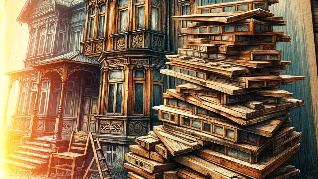 a stack of wooden windows is sitting in front of a wooden house .