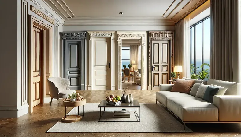 A living room with a couch , chair , coffee table and large windows.