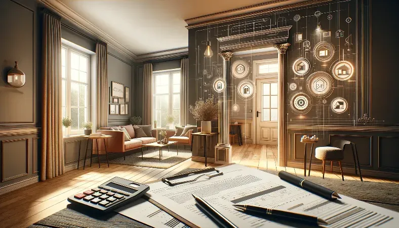 A living room with a calculator , pen , and papers on the floor.
