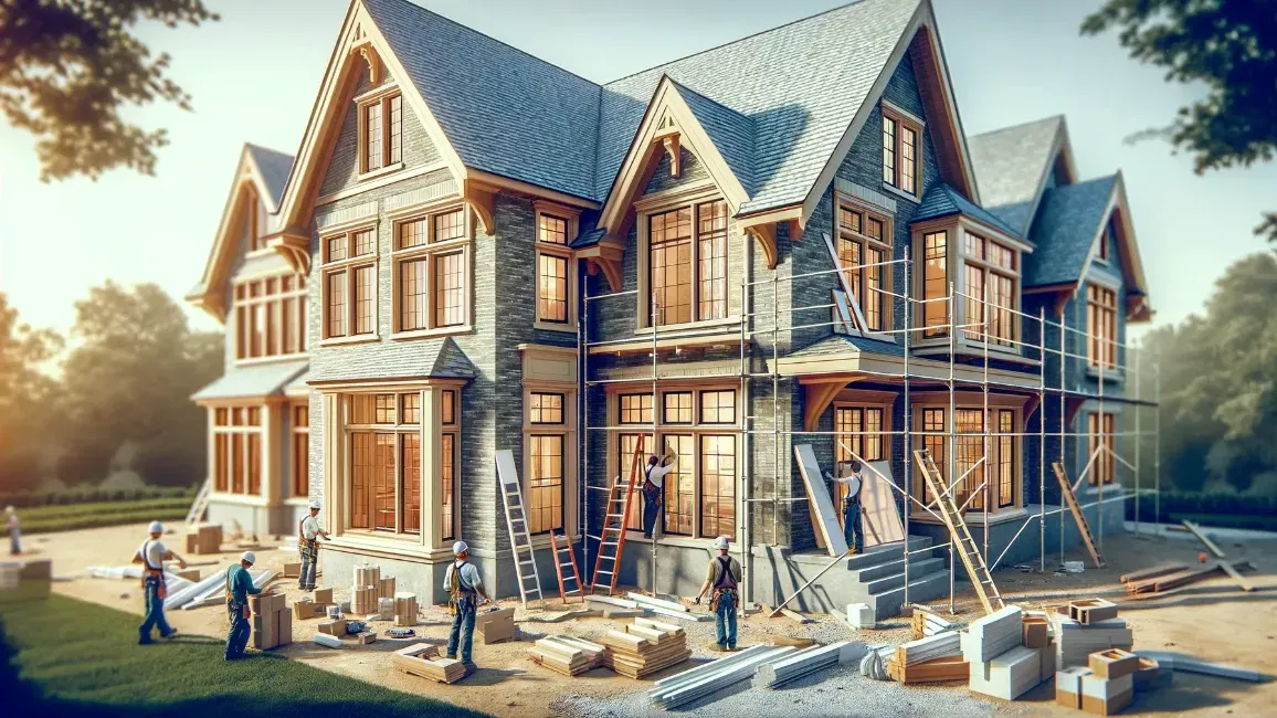 A large house is being built with a lot of people working on it.