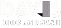 DAVIS Door and Sash logo in white and gray with a black arrow accent