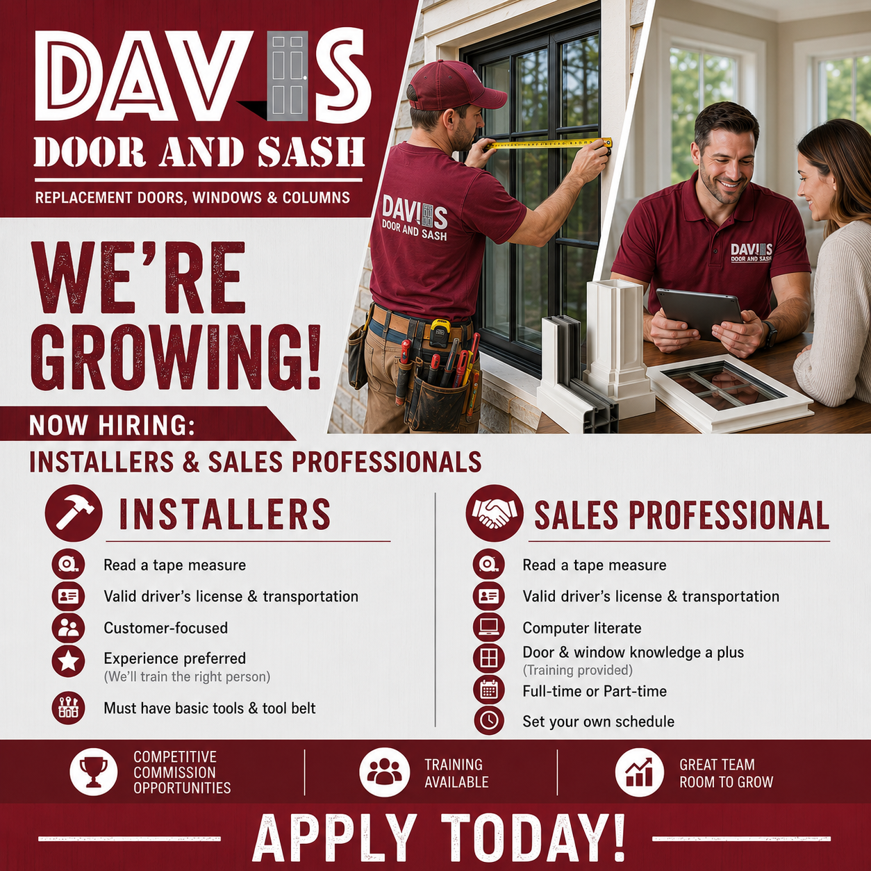 Davies Door and Sash hiring poster for installers and sales professionals, with team at a window display