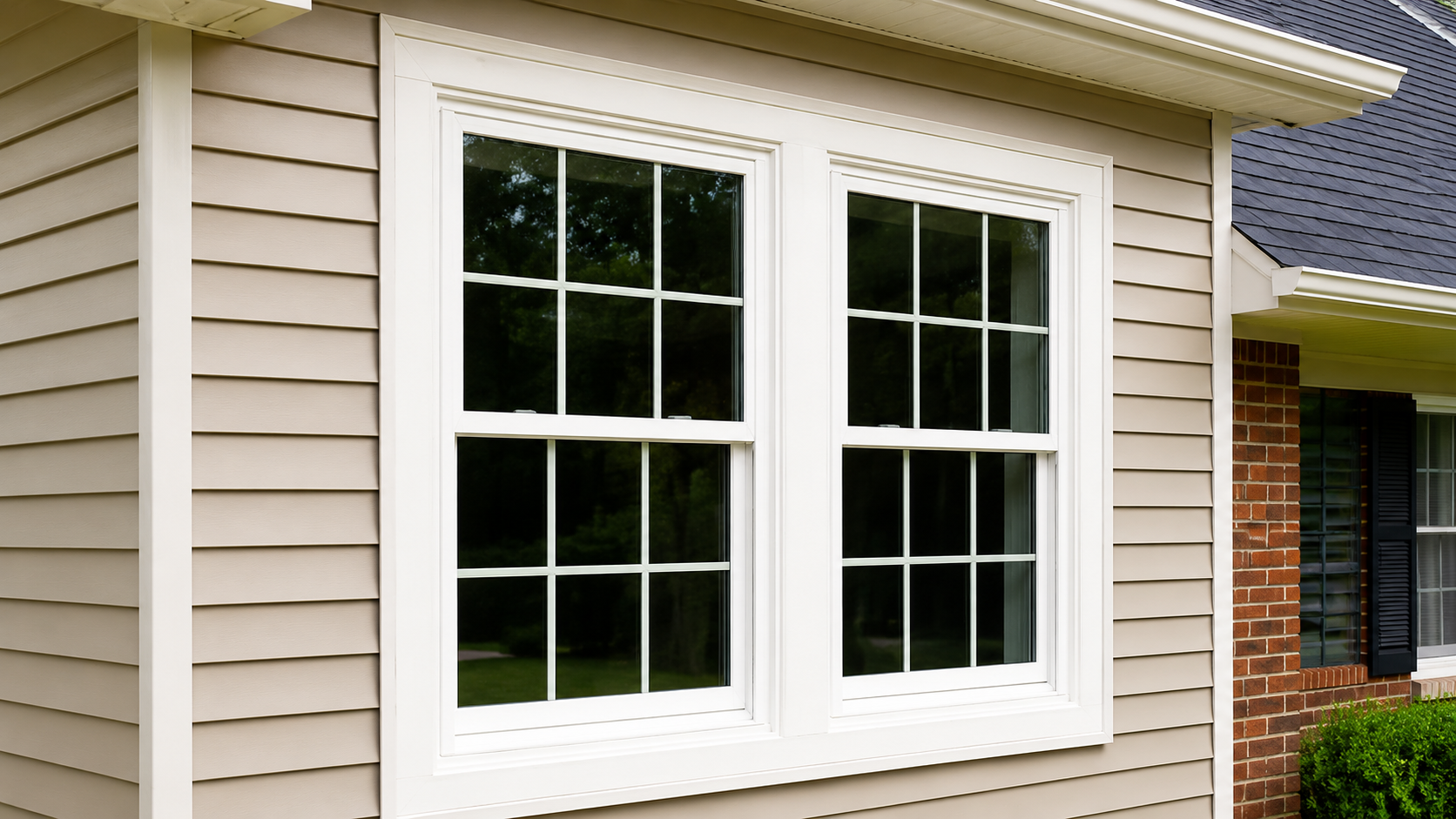 White double-hung window with black trim on a beige vinyl-sided house exterior