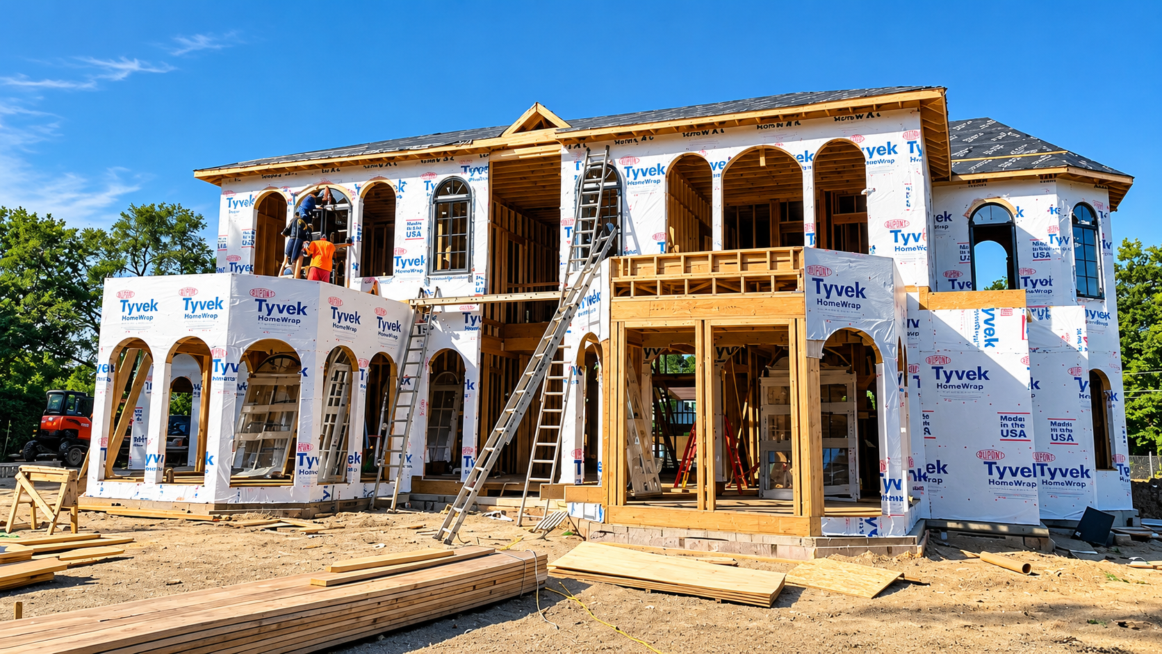 Partially built two-story house with scaffolding, arched windows, and white exterior wrapping under a blue sky