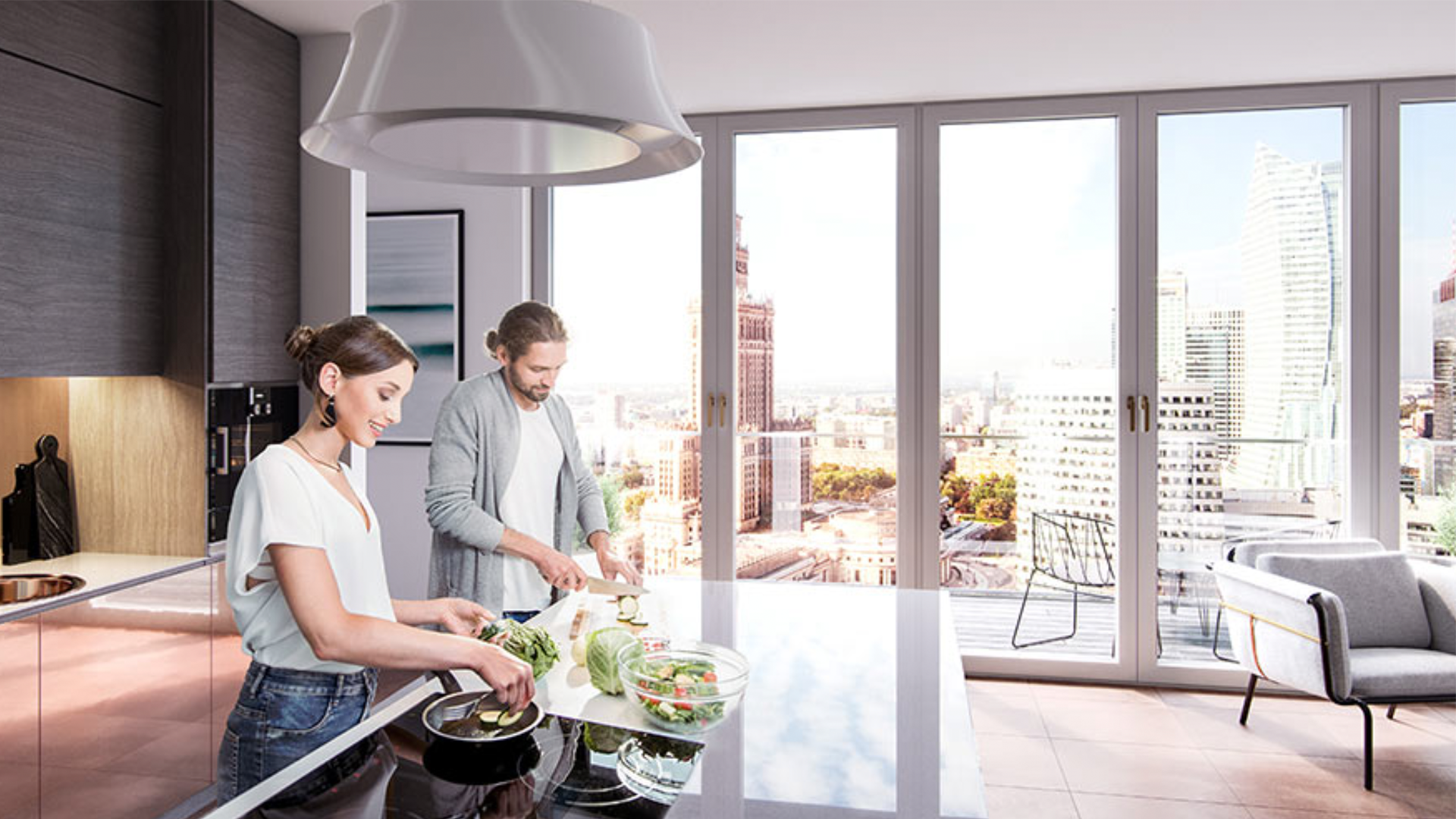 A man and a woman are preparing food in a kitchen.