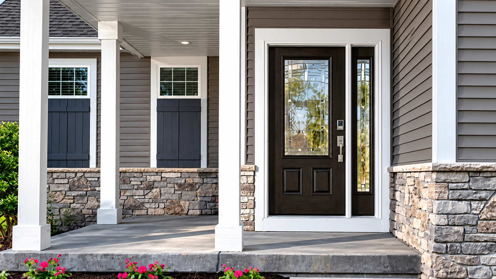 Front porch with gray siding, stone columns, and a black front door with sidelights and windows.
