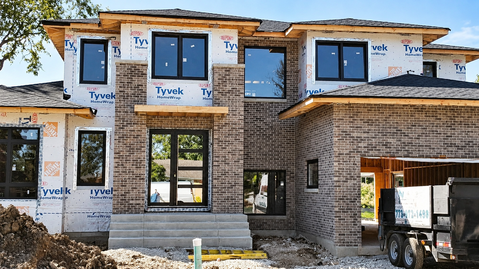 Partially finished two-story brick house with exposed Tyvek wrap and large windows, viewed from the front