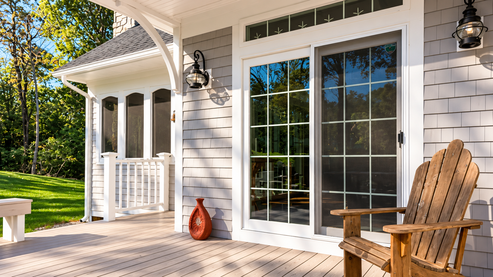 White house porch with sliding glass door, Adirondack chair, and red vase on a sunlit deck