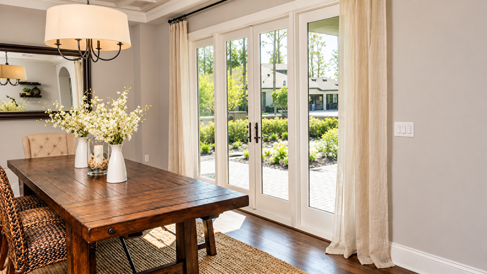 Dining room with dark wood table, beige curtains, and glass doors opening to a garden patio.