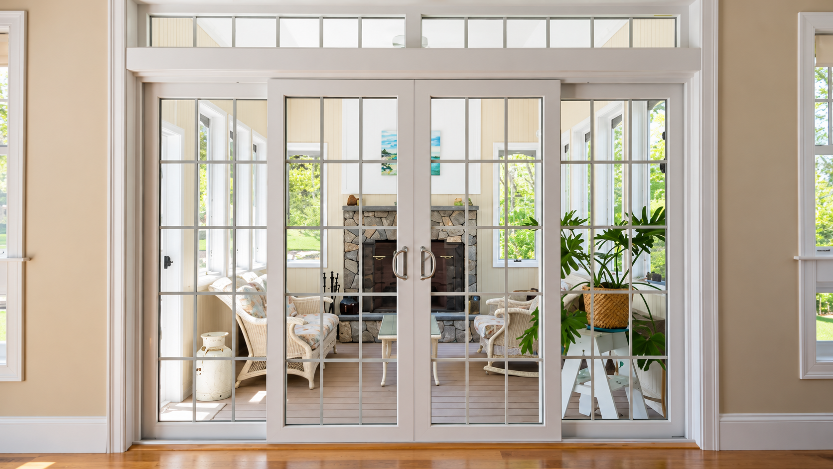 Bright sunroom with white French doors, wicker chairs, and potted plants.