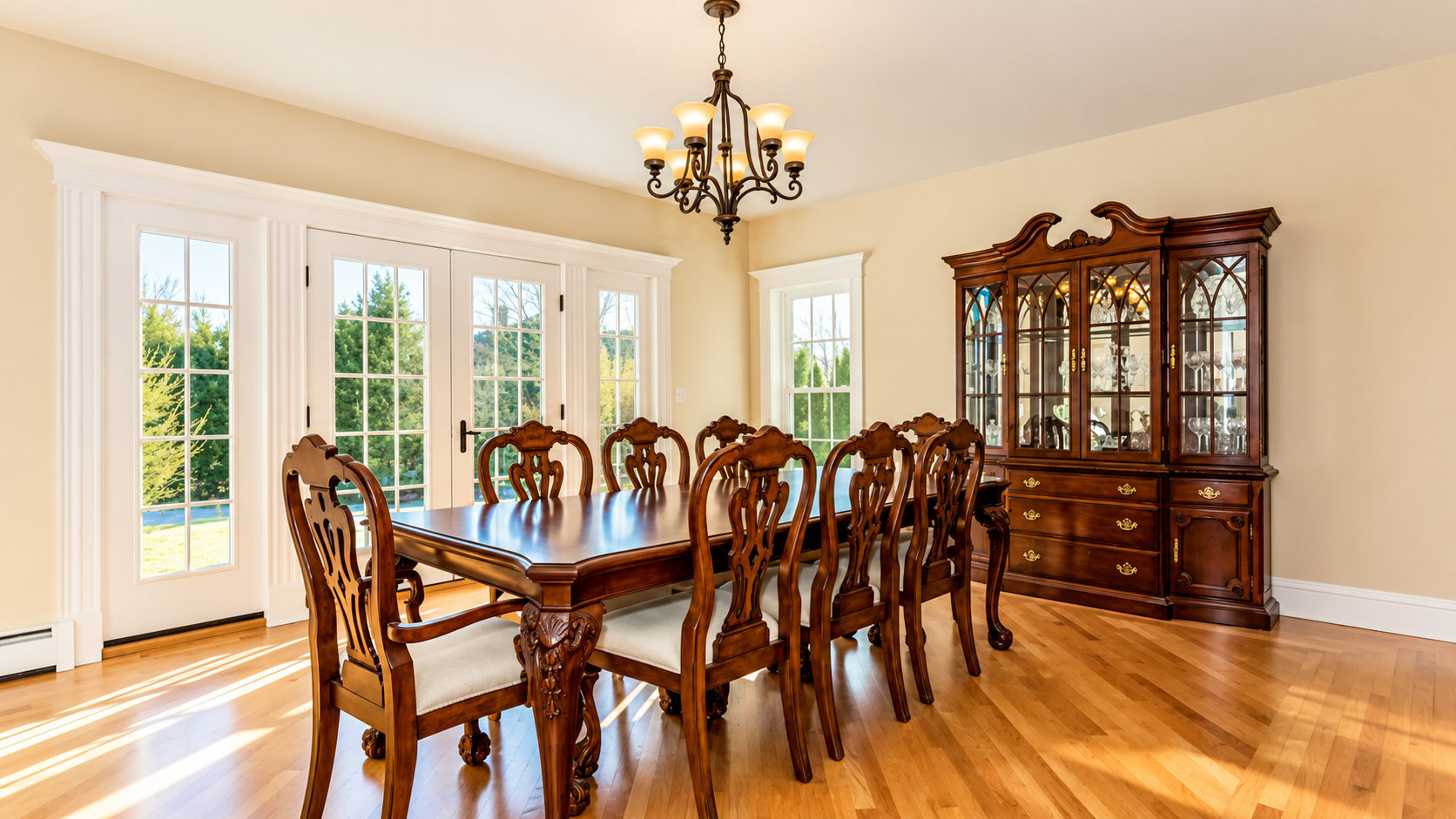 Elegant dining room with wooden table, ornate chairs, chandelier, and glass china cabinet on hardwood floors
