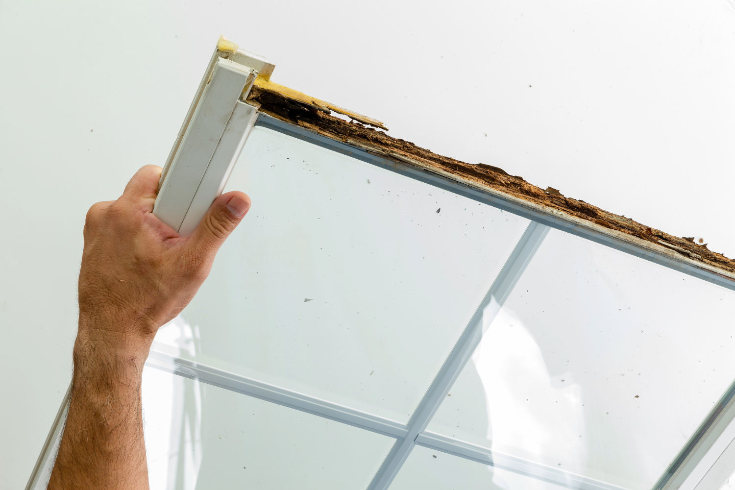Hand holding a damaged window frame with visible wood rot and moisture deterioration along the edge