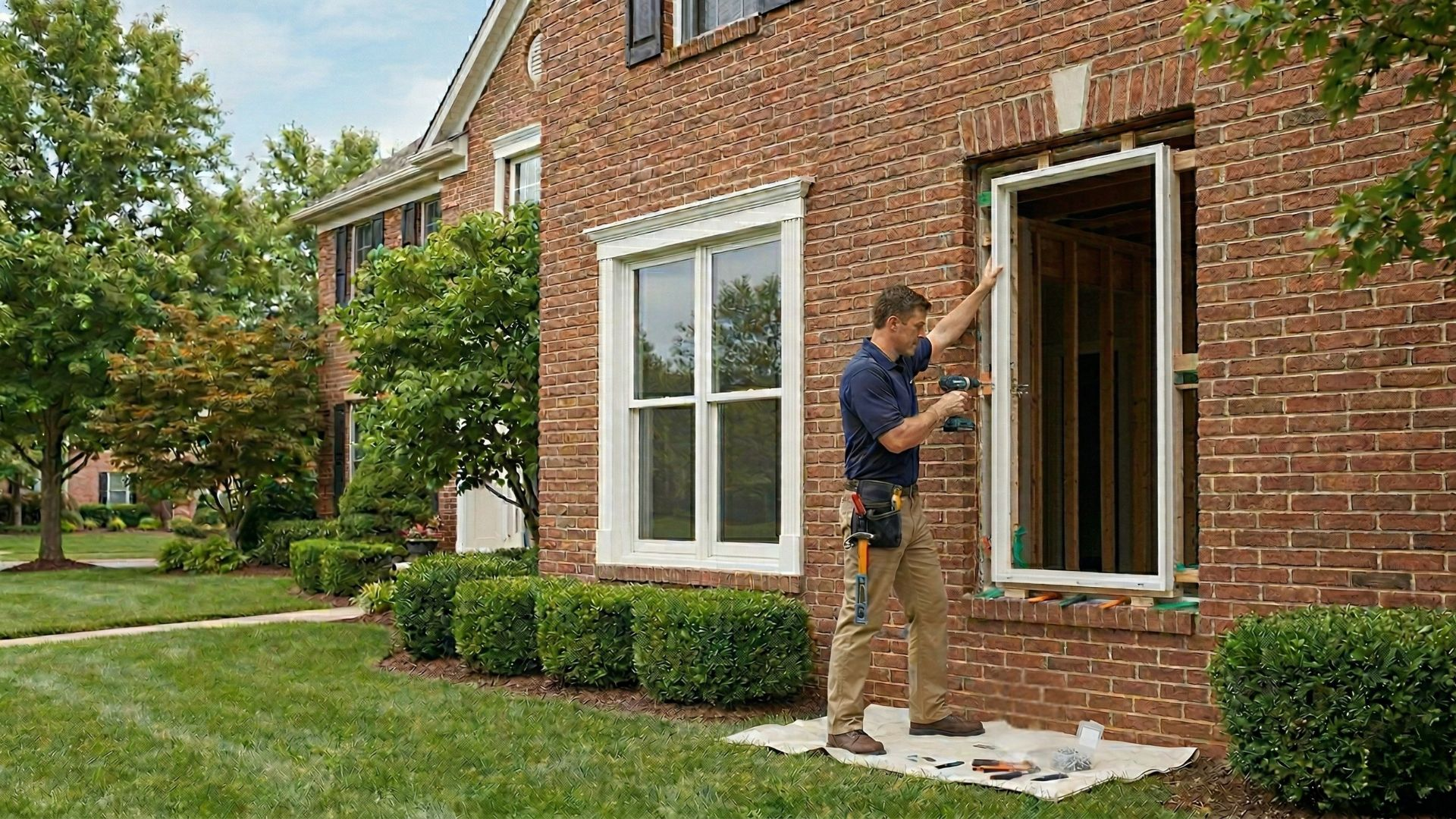 Worker installing a window on a brick townhouse beside a lawn and trees
