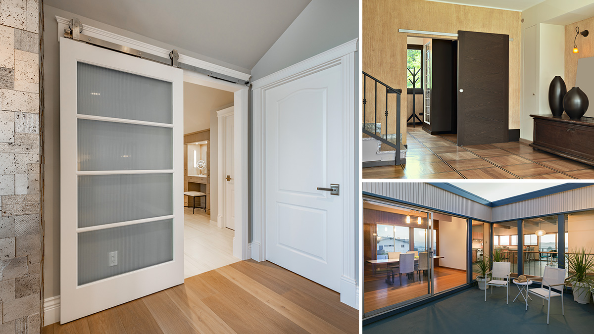Modern interior doors featuring sliding barn-style doors, frosted glass panels, and contemporary gla
