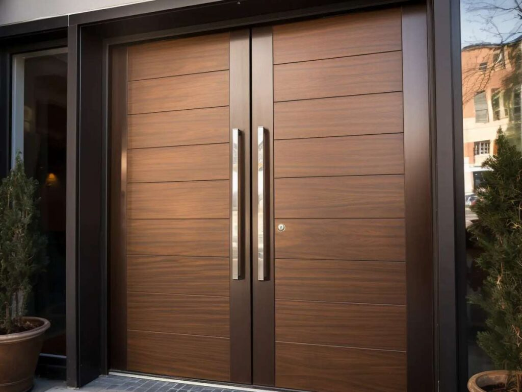 Modern double entry doors with horizontal wood grain panels, long metal handles, and dark exterior