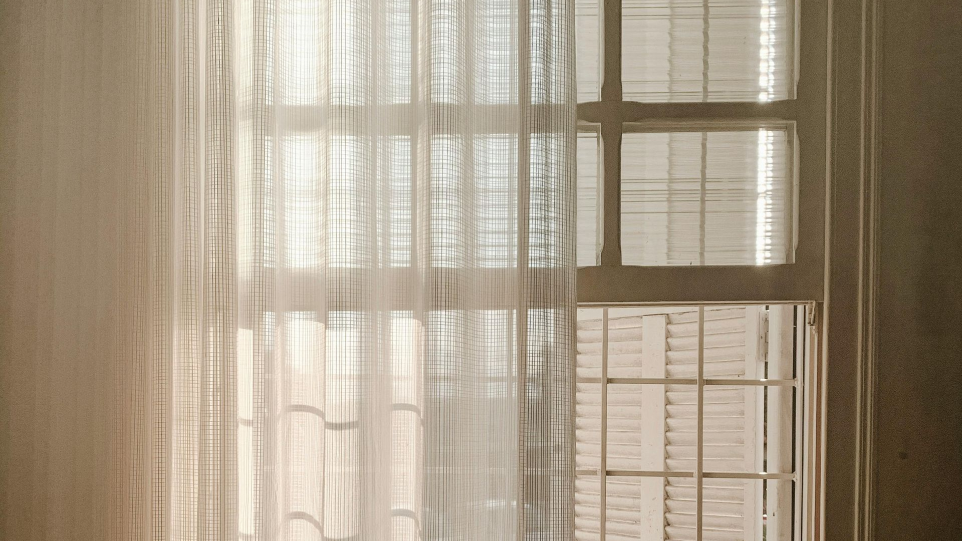 A sunlit window with soft, translucent white curtains draped over thin horizontal blinds in a bright room.