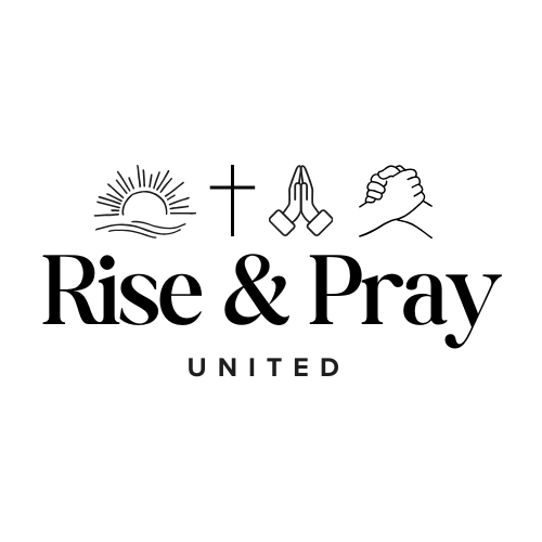 Logo with sunrise, cross, praying hands, and clasped hands; text reads
