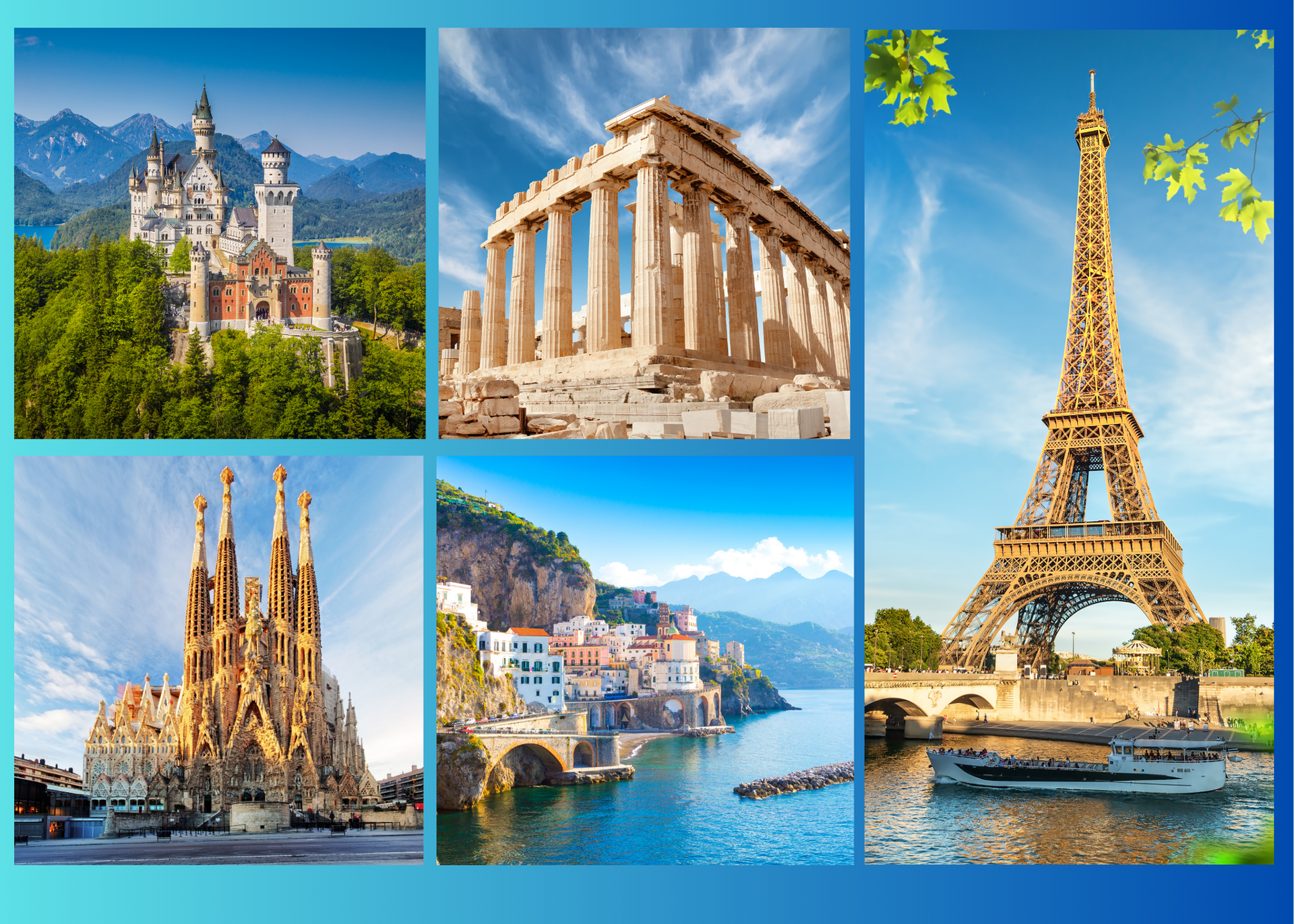 Collage of European landmarks: Neuschwanstein Castle, Parthenon, Eiffel Tower, Sagrada Familia, Amalfi Coast.