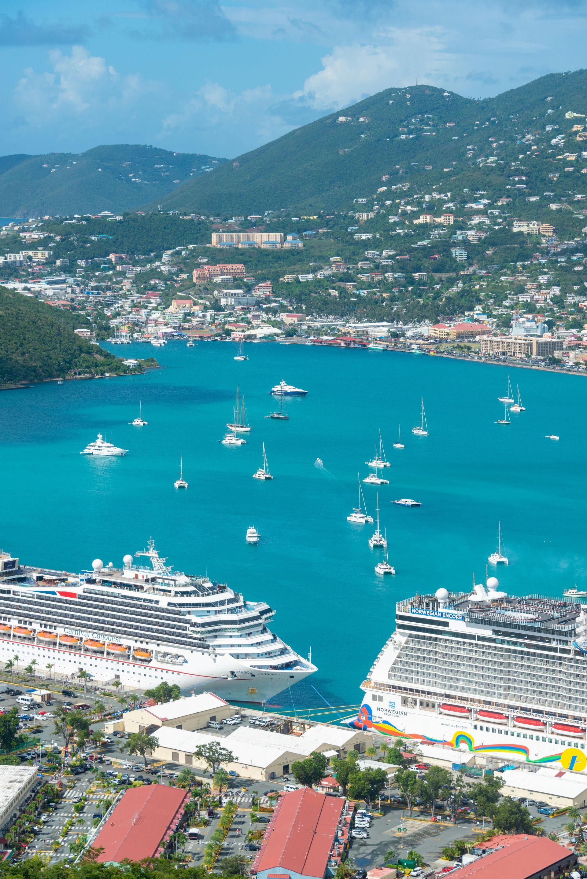 Turquoise harbor with cruise ships, sailboats, and town nestled in lush green hills under a bright sky.