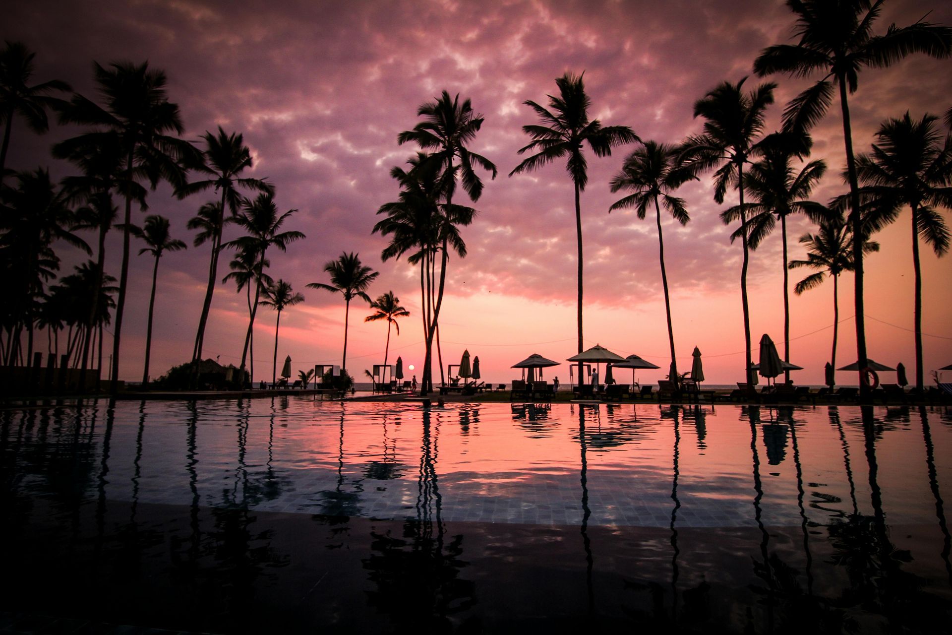 Palm trees silhouetted against a vibrant pink and orange sunset sky, reflected in a still pool.