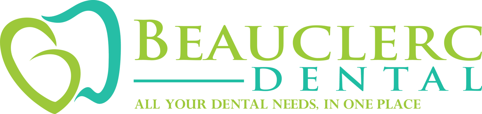 Logo for Beauclerc Dental: tooth graphic with heart shape, text in green and blue. “All your dental needs in one place.