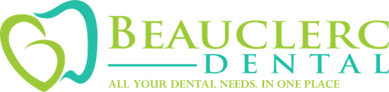 Logo for Beauclerc Dental: tooth graphic with heart shape, text in green and blue. “All your dental needs in one place.