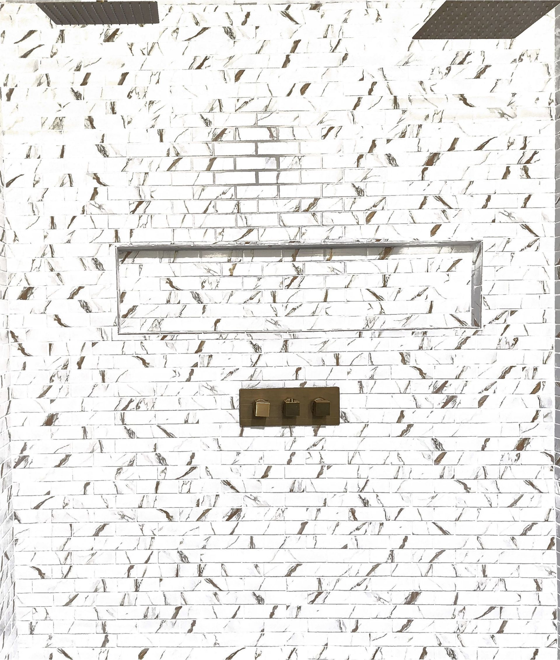 White brick wall with a small rectangular opening and a dark fixture near the center.