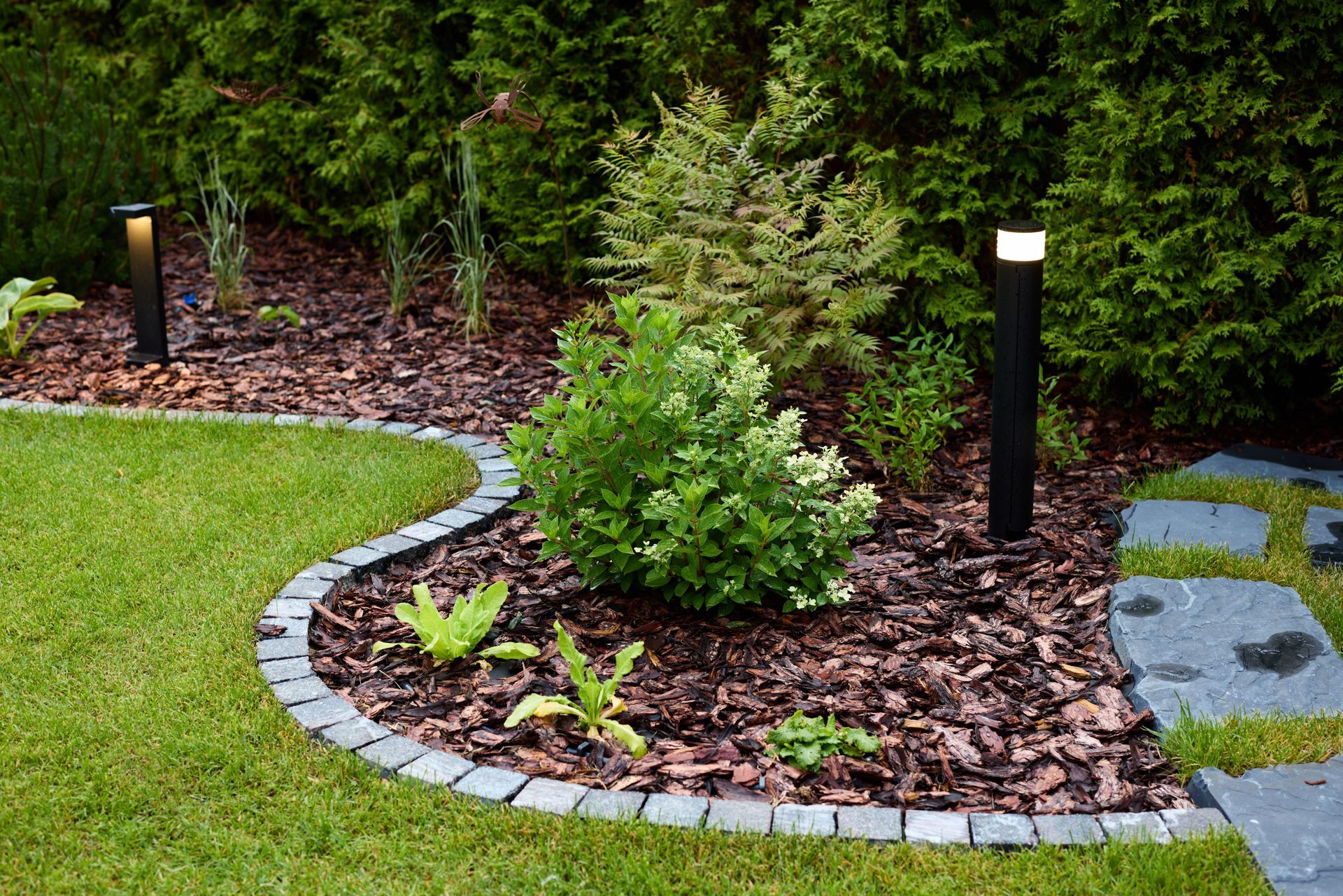 Curved garden bed with shrubs, mulch, stepping stones, and black pathway lights beside green lawn