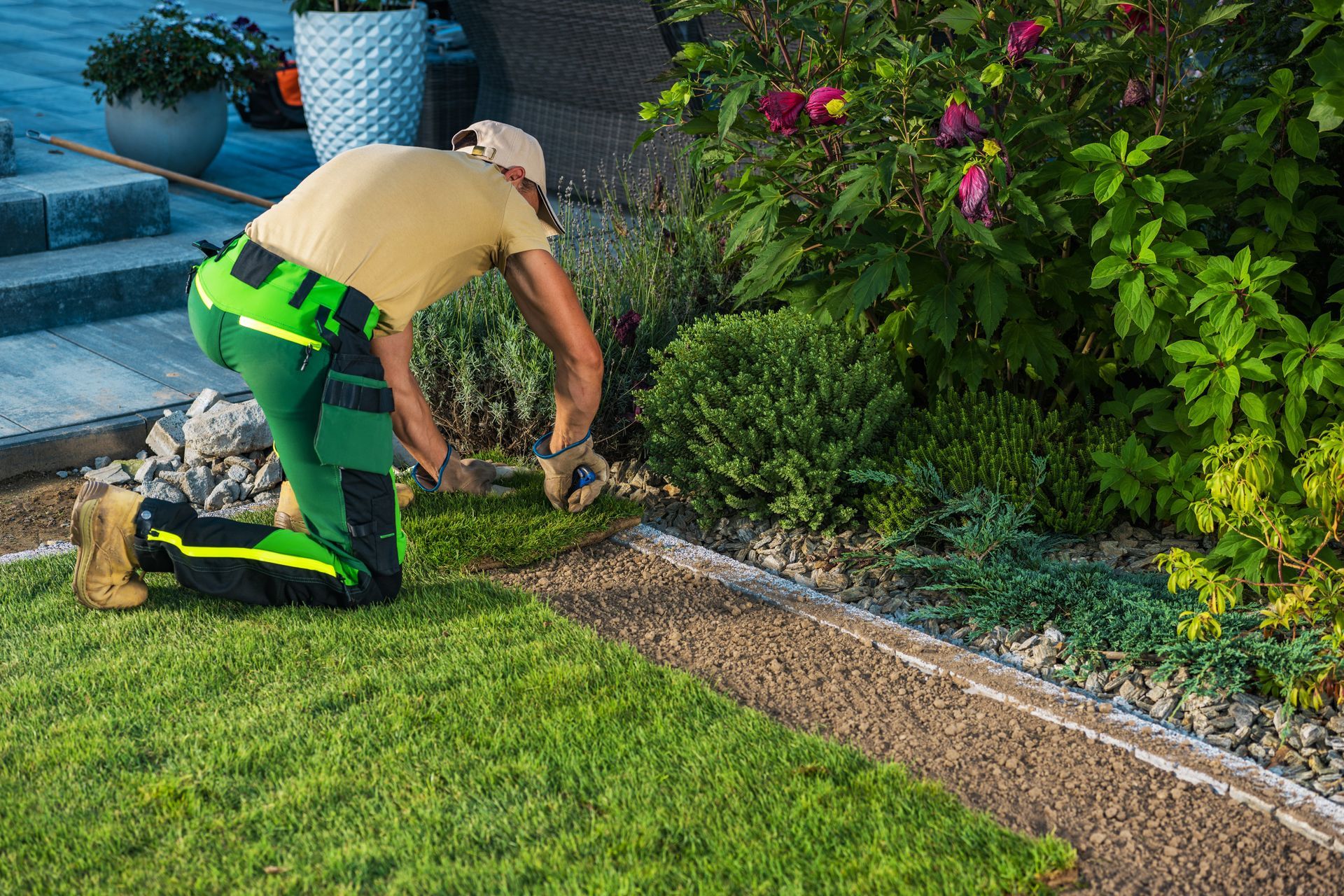 Worker kneeling by a garden bed, trimming weeds beside green lawn and flowering shrubs.