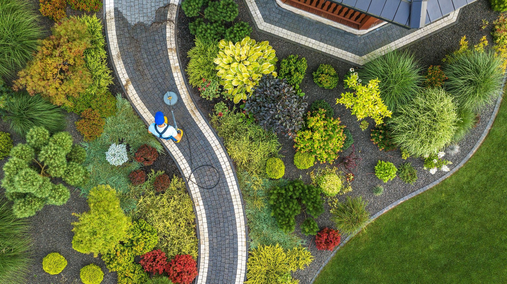 Aerial view of a landscaped garden path beside a house, with trees, shrubs, and a person walking.