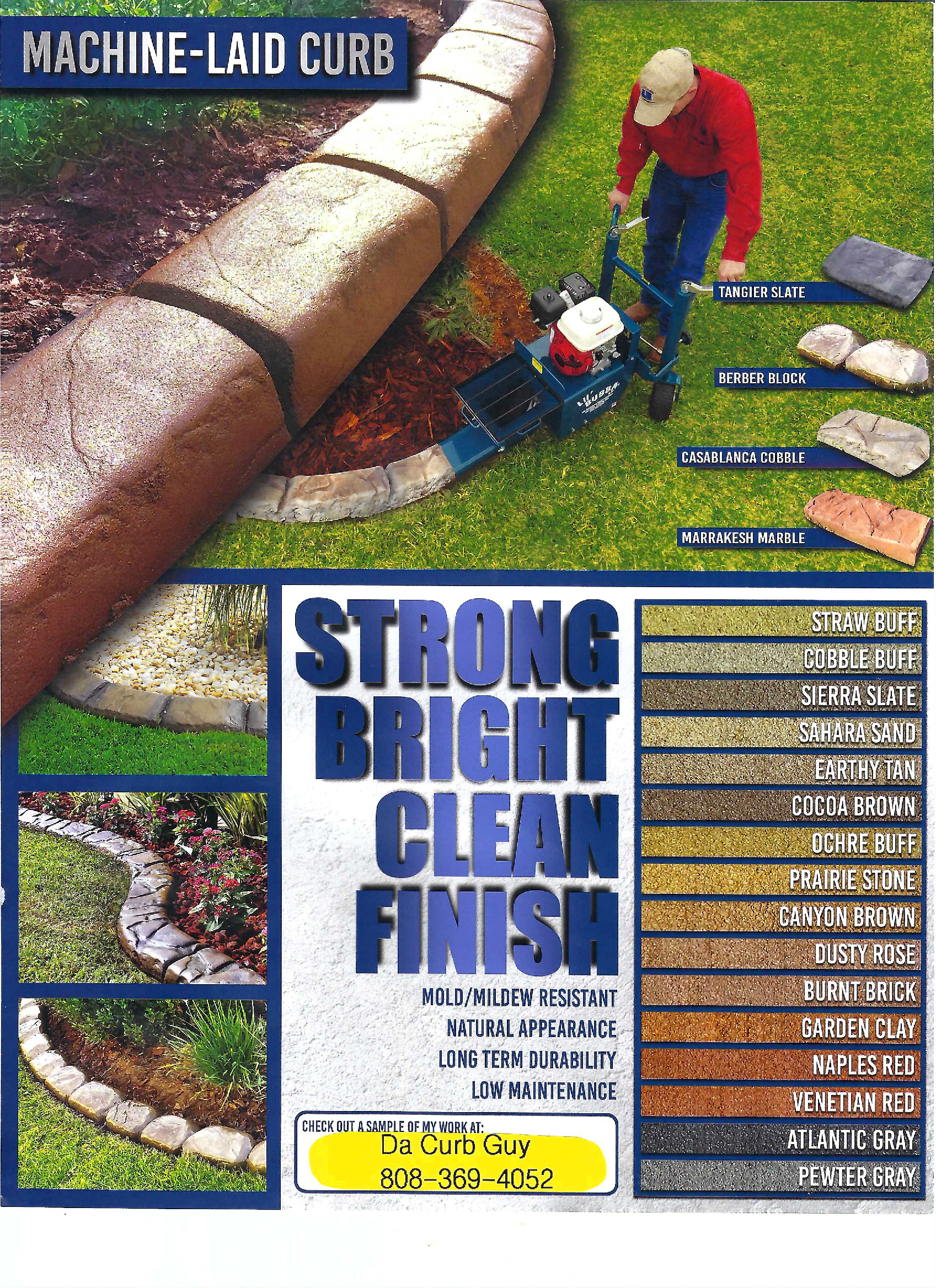 Vintage ad for Strong Bright Clean Finish lawn treatment with man using machine on grass and turf rolls