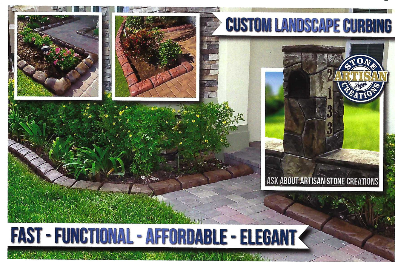 Custom landscape curbing ads for brick garden borders and decorative driveway edging, with before-and-after photos