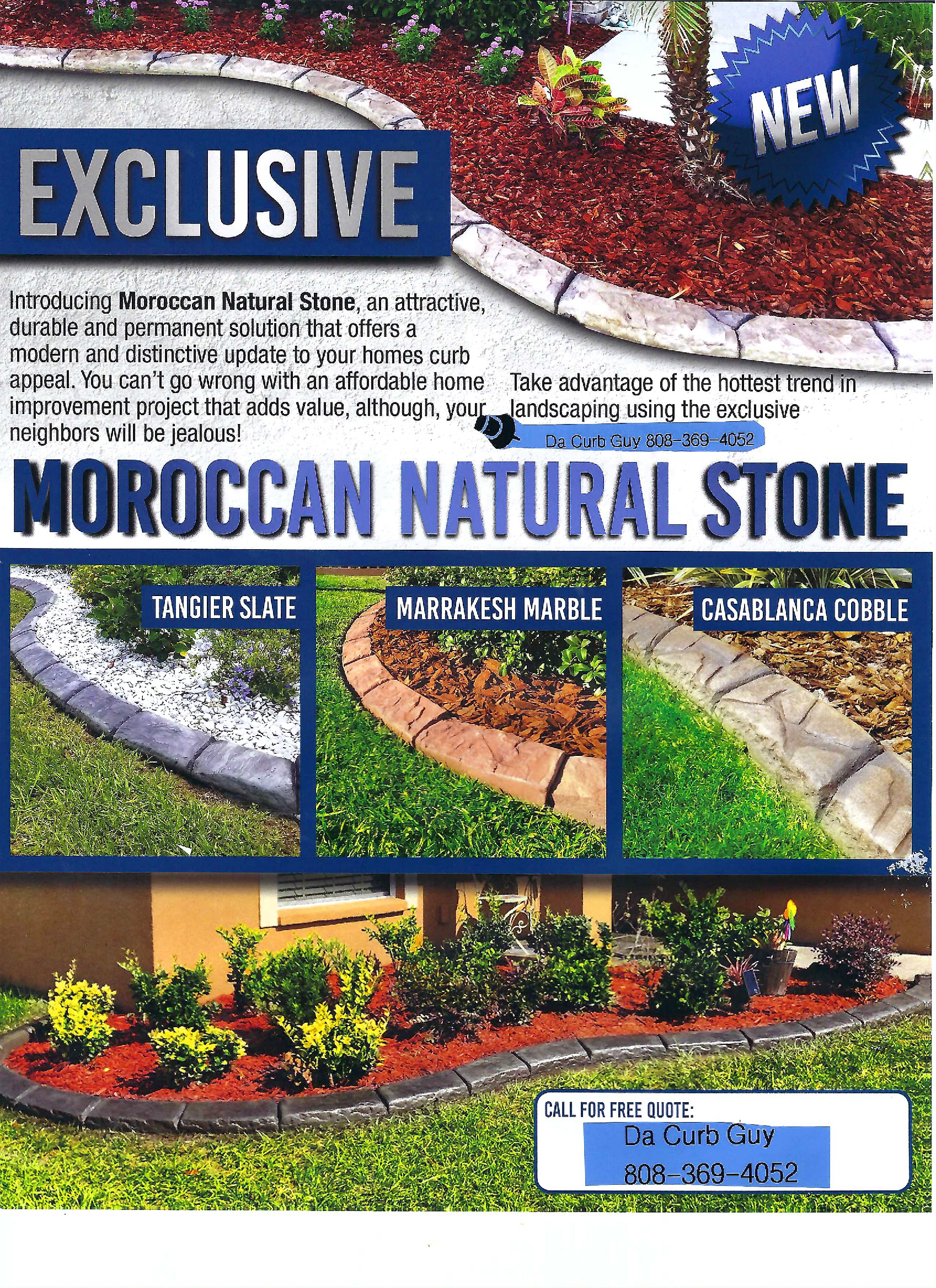 Moroccan natural stone ad with blue banners, garden path photos, and a landscaped flower bed