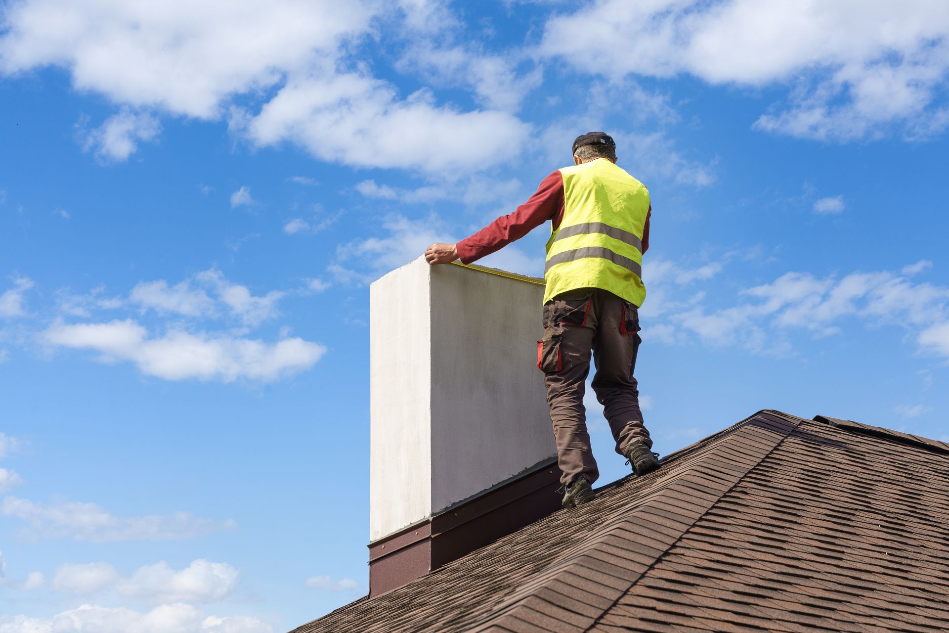 A chimney sweep in a safety vest inspecting a masonry chimney on a rooftop.