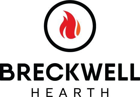 Breckwell Hearth logo: Red and orange flame inside a black circle, above the word 
