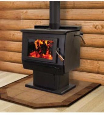 Fireplace with burning fire, brick surround, logs in rack on left, tools on right.