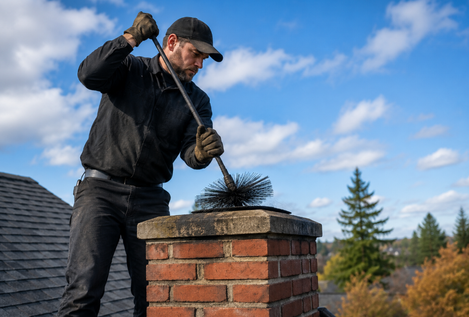 Person on a rooftop using a chimney sweep brush against a blue sky Person on a rooftop using a chimney sweep brush against a blue sky