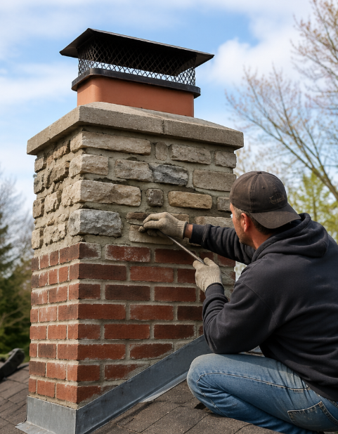 Worker repairing stone chimney on a brick house roofline, using mortar with gloved hands. Worker repairing stone chimney on a brick house roofline, using mortar with gloved hands.