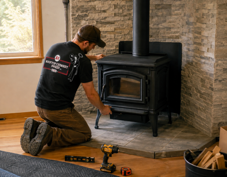 Technician kneeling beside a black wood stove, inspecting it in a stone-walled room with tools on the floor Technician kneeling beside a black wood stove, inspecting it in a stone-walled room with tools on the floor