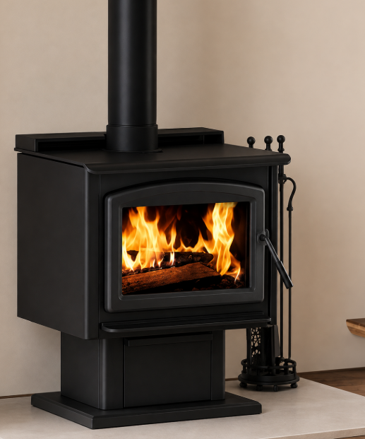 Black wood-burning stove with a glass door showing bright flames in a room. Black wood-burning stove with a glass door showing bright flames in a room.