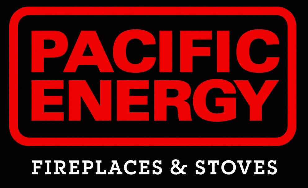 Pacific Energy logo in red and white with “Fireplaces & Stoves” on black background