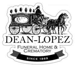 Logo for Dean-Lopez Funeral Home & Crematory featuring a vintage horse-drawn hearse and the text "Since 1869".