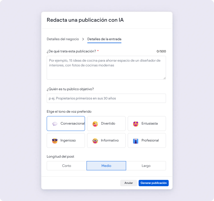 Un formulario de interfaz digital para crear publicaciones en redes sociales generadas por IA, que incluye campos de entrada para el tema, la audiencia y el tono.