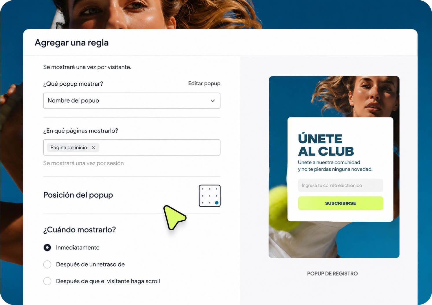 Editor de página web con una ventana emergente de registro blanca y una vista previa de una tarjeta promocional
