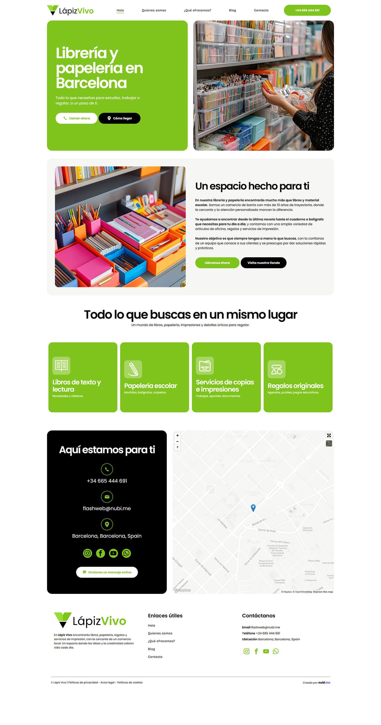 Página de inicio del sitio web de una papelería en Barcelona, ​​con detalles en verde, fotografías de productos y un mapa.