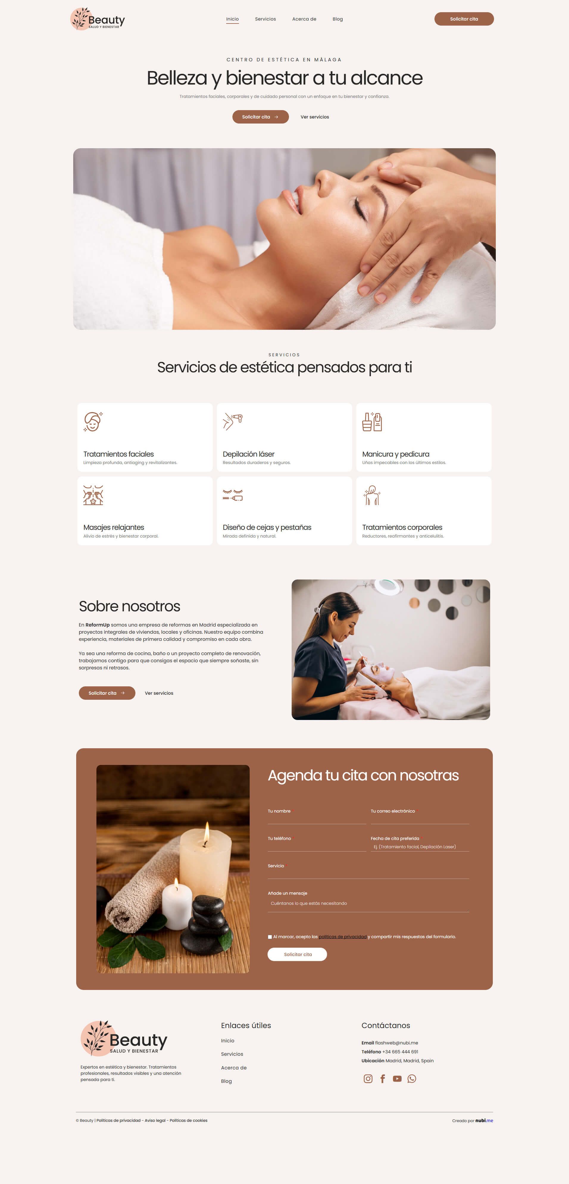 Página de destino de sitio web de belleza y cuidado de la piel, con tratamientos de spa e información sobre precios.