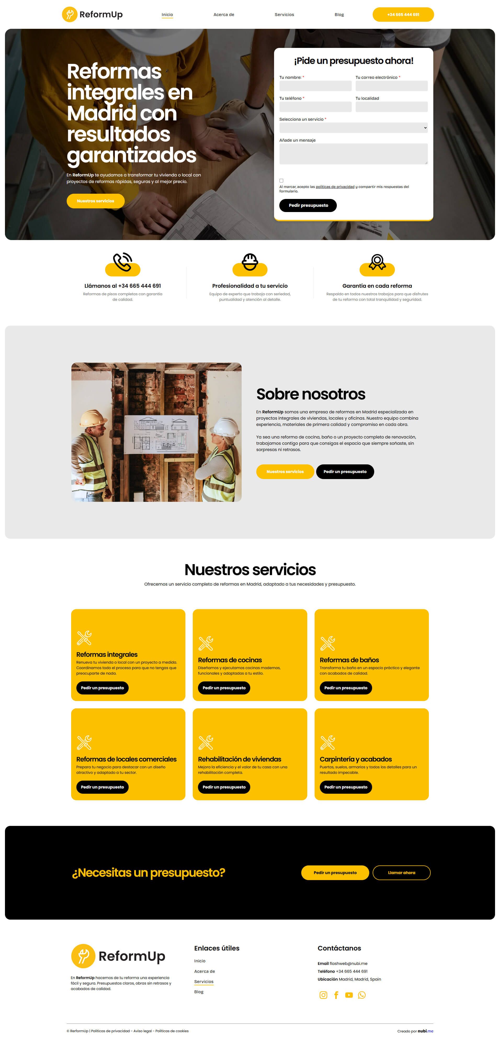 Web de promoción de reformas de viviendas en Madrid con formulario de contacto.