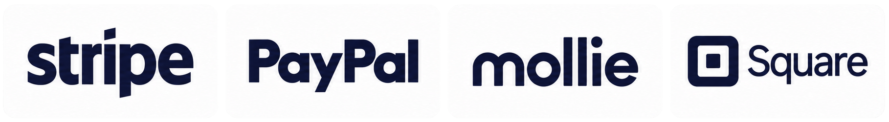 Logotipos de pago de Stripe, PayPal, Mollie y Square sobre un fondo blanco